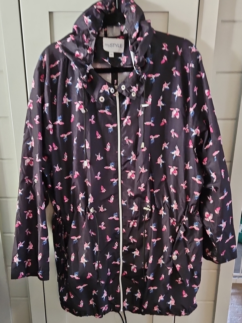 Lightweight Rain/wind Breaker Black With Birds  Hooded Jacket Sz1X